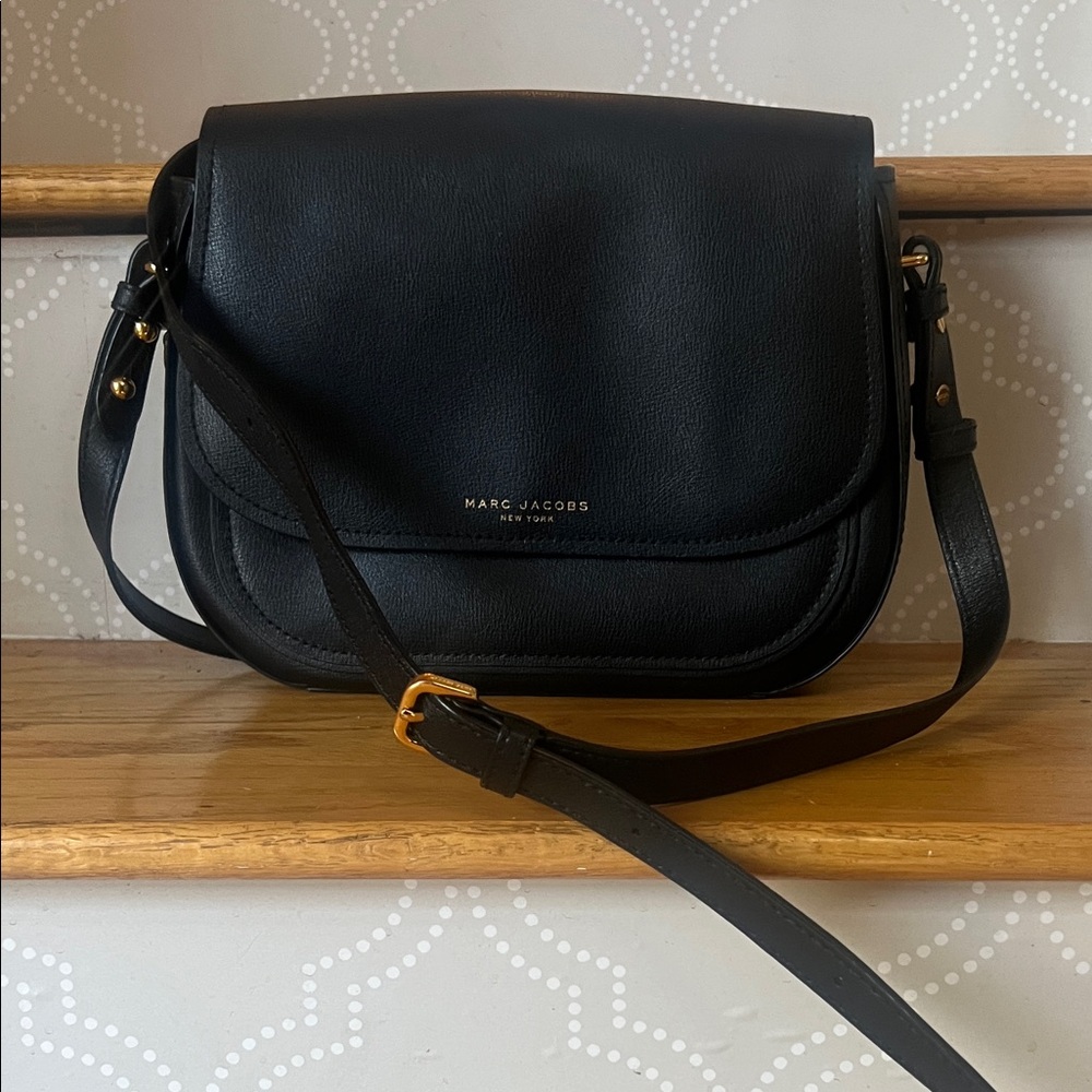 Marc Jacobs Rider Medium Black Leather Saddle Crossbody with Gold Hardware